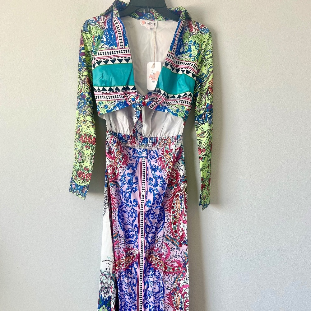 Maxi Dress Multi-Color Paisley Empire Waist Long Sleeve Nylon Size S